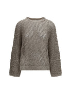 Brunello Cucinelli Dazzling Chiné silk and linen open-knit Sweater - Pietra+Marrone