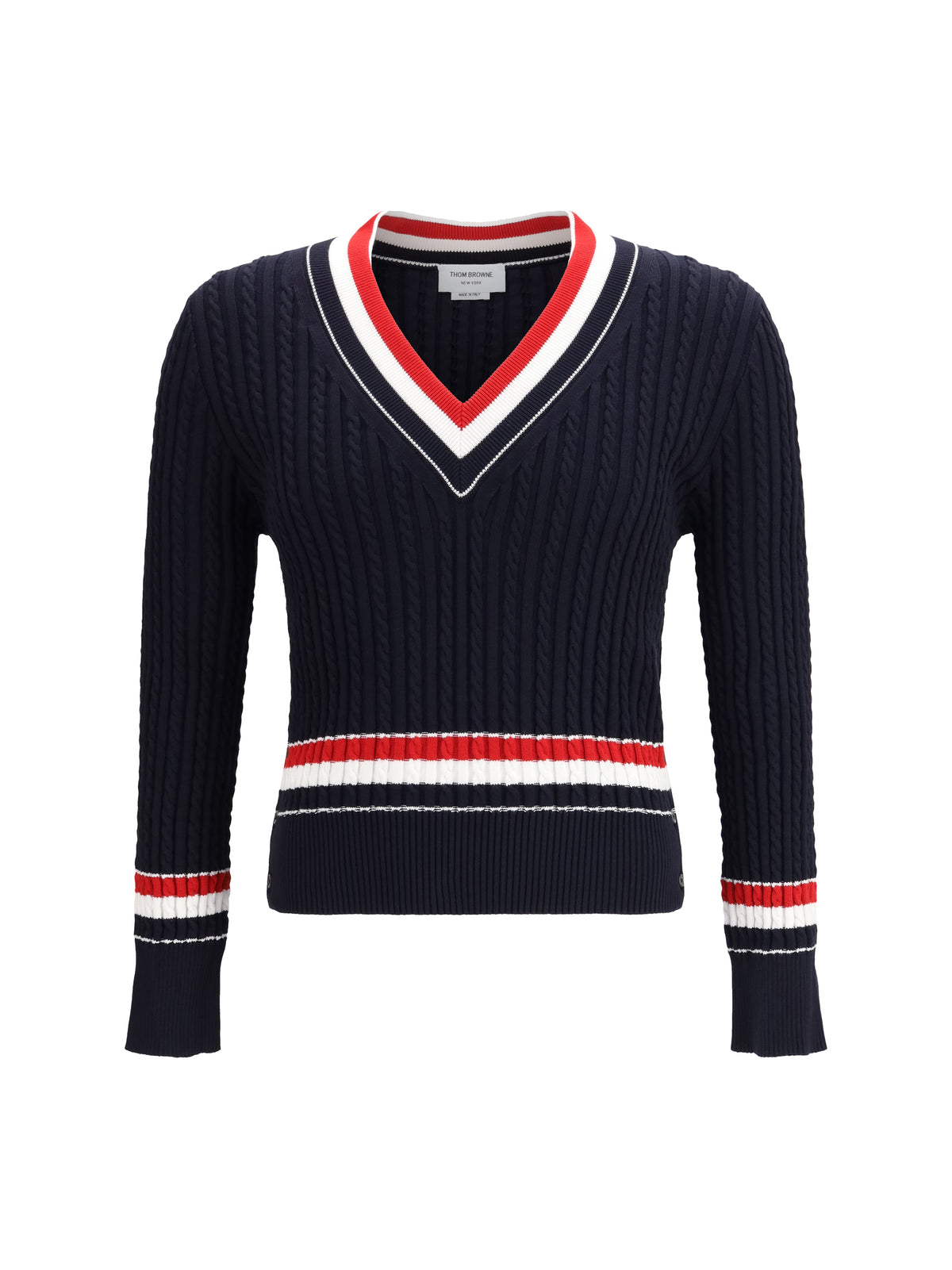 Thom Browne Intarsia cable-knit V-neck Sweater - Navy