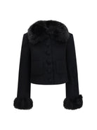 Self-Portrait Wool-blend Jacket with faux fur cuffs - Black