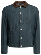 Brunello Cucinelli Denim jacket with leather collar - Blue